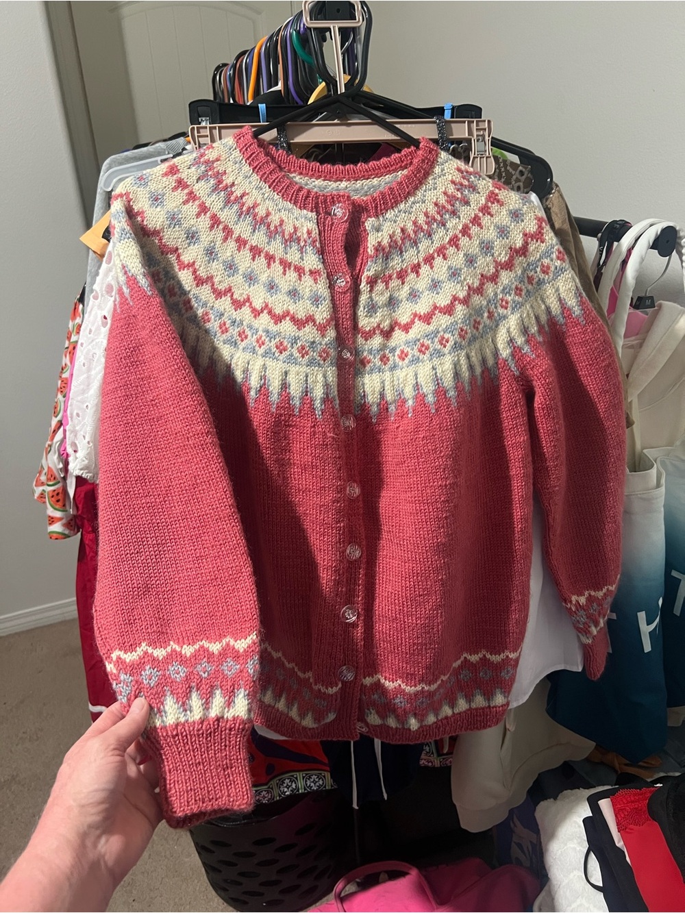 Women’s Pink Fair Isle Button-Front Cardigan Sweater - Picture 5 of 16